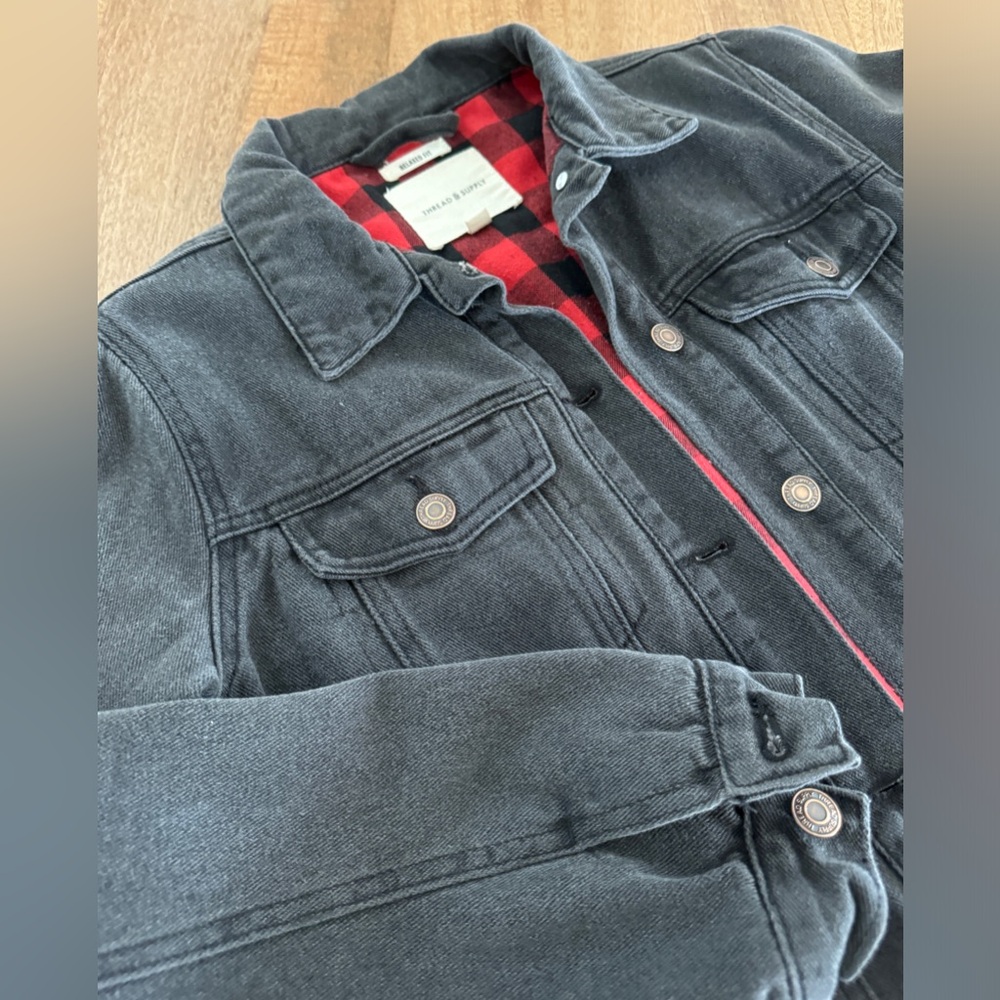 Thread & Supply Black Jean Jacket w/ Black Red Plaid Flannel Inner Lining Size S